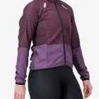 Side view of the Atom womens cycling jacket in colour blocked Pinotage design by Enjoy.cc
