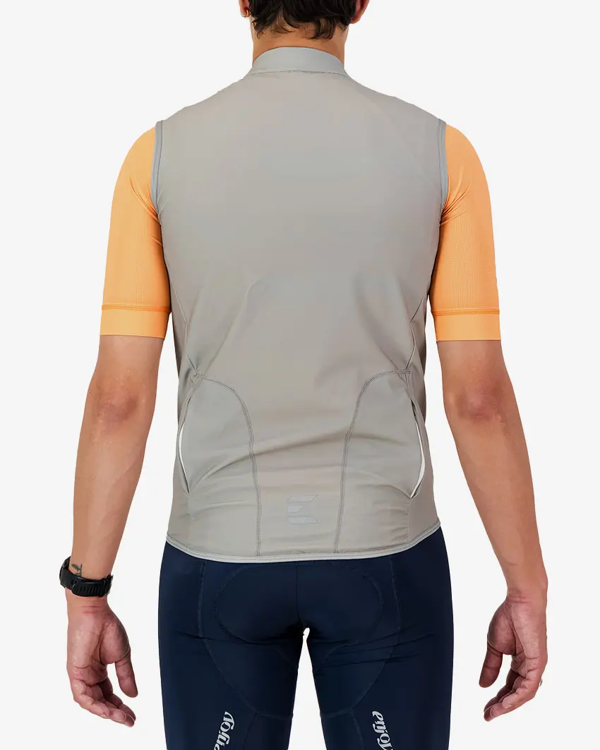 Back view of the men's winter cycling gilet in a putty design made by enjoy.cc