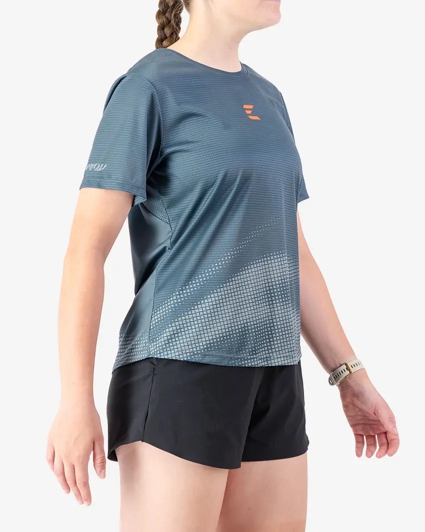 Side view of the Enjoy women's Activ Tee in Charcoal made by Enjoy.cc
