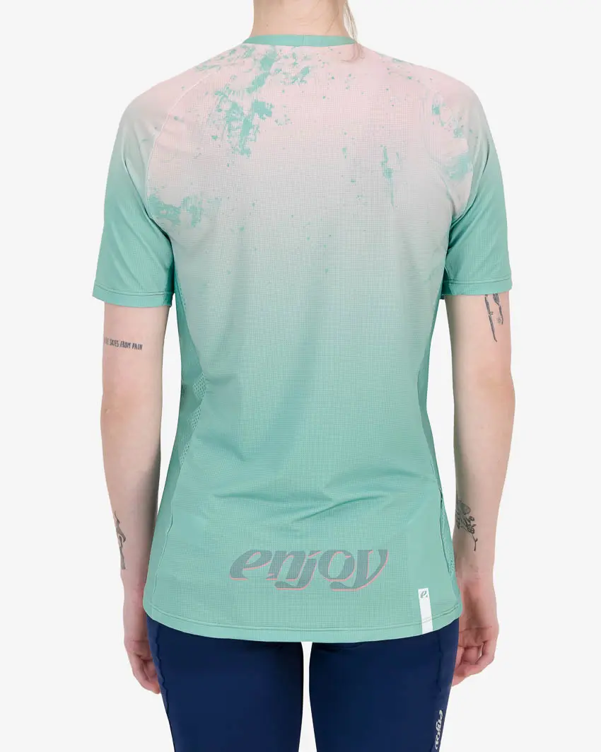 Back of the womens trail tee in the Lunar Dust Reptilia design made by enjoy.cc