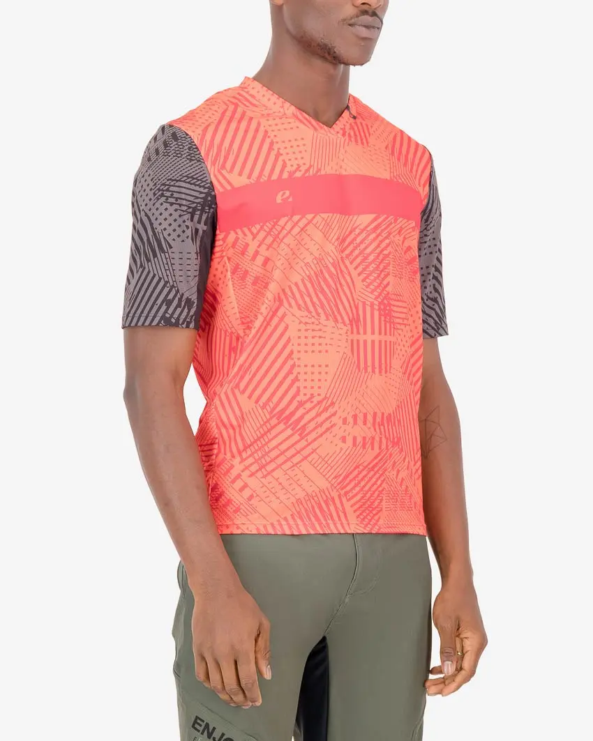 Three quarter of the mens trail tee in the orange Groad To Freedom Reptilia design made by enjoy.cc