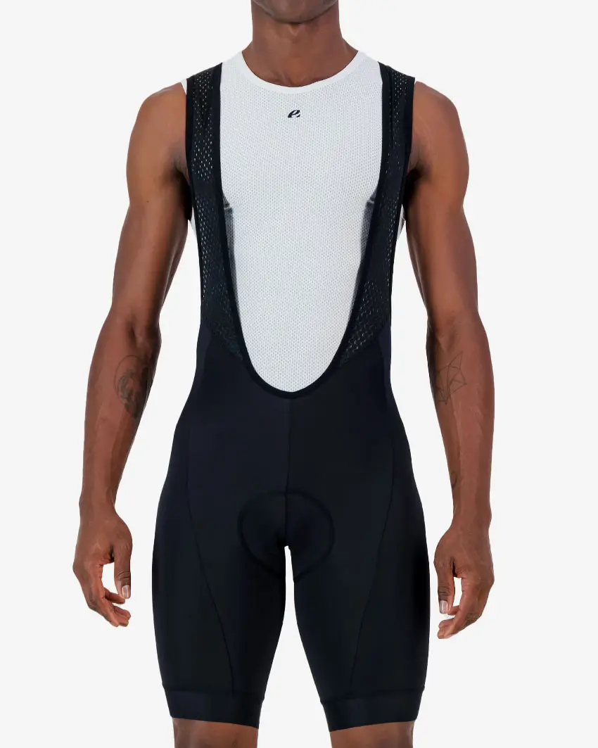 Front view of the Enjoy Dual men's bib short in black with reflective detailing made by enjoy.cc.