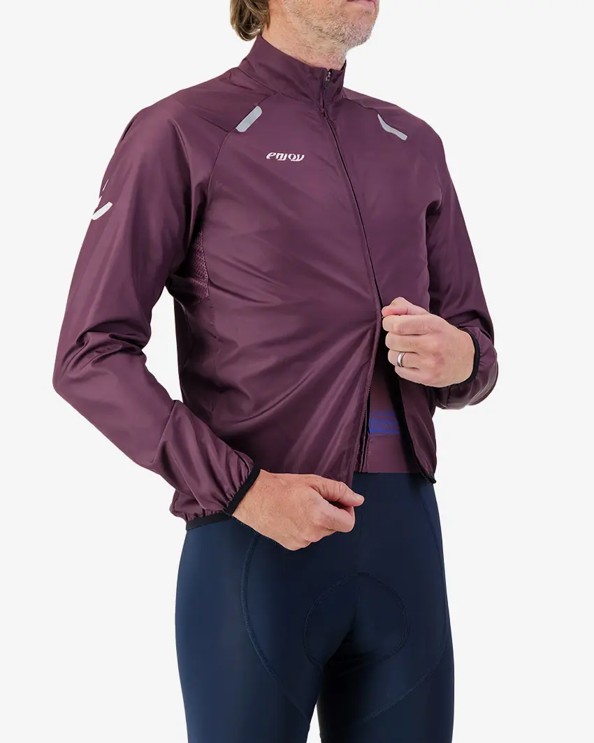 Side view of the Atom men's cycling jacket in a rich Berry colour way by Enjoy.cc