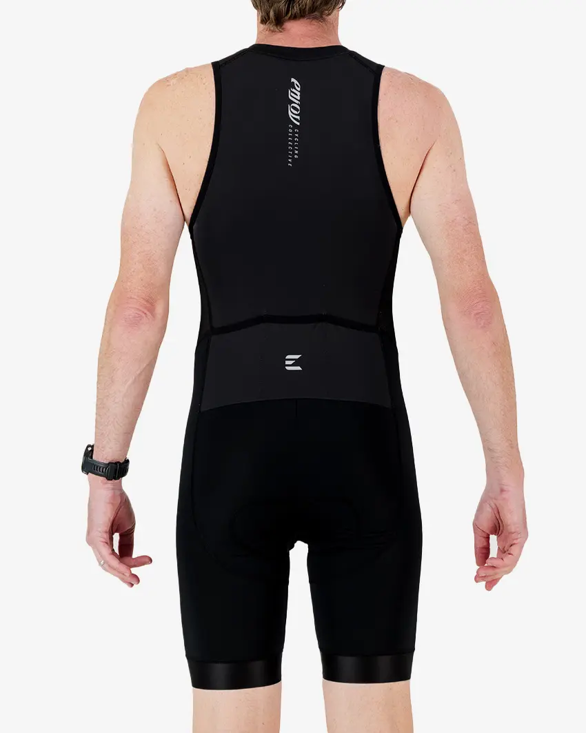 Back view of the men's sleeveless triathlon suit in a minimal black design made by enjoy.cc