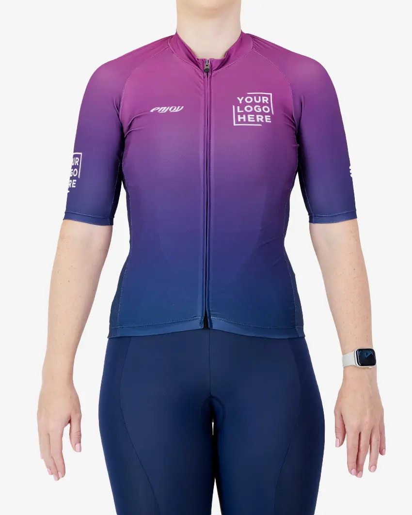 Front view of the Womens Semi Custom Supremium cycling jersey in a Purple gradient design Enjoy.cc