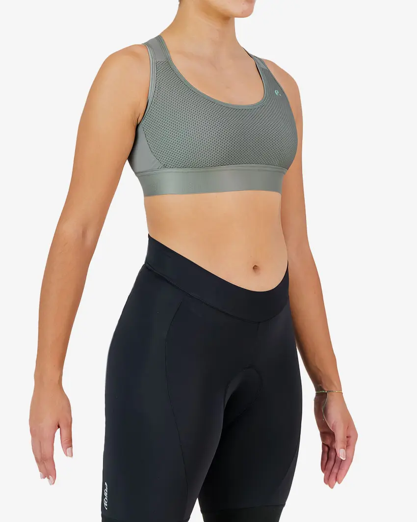 Side view of the Enjoy women's sports bra in the nomadic grey colour way available at Enjoy.cc