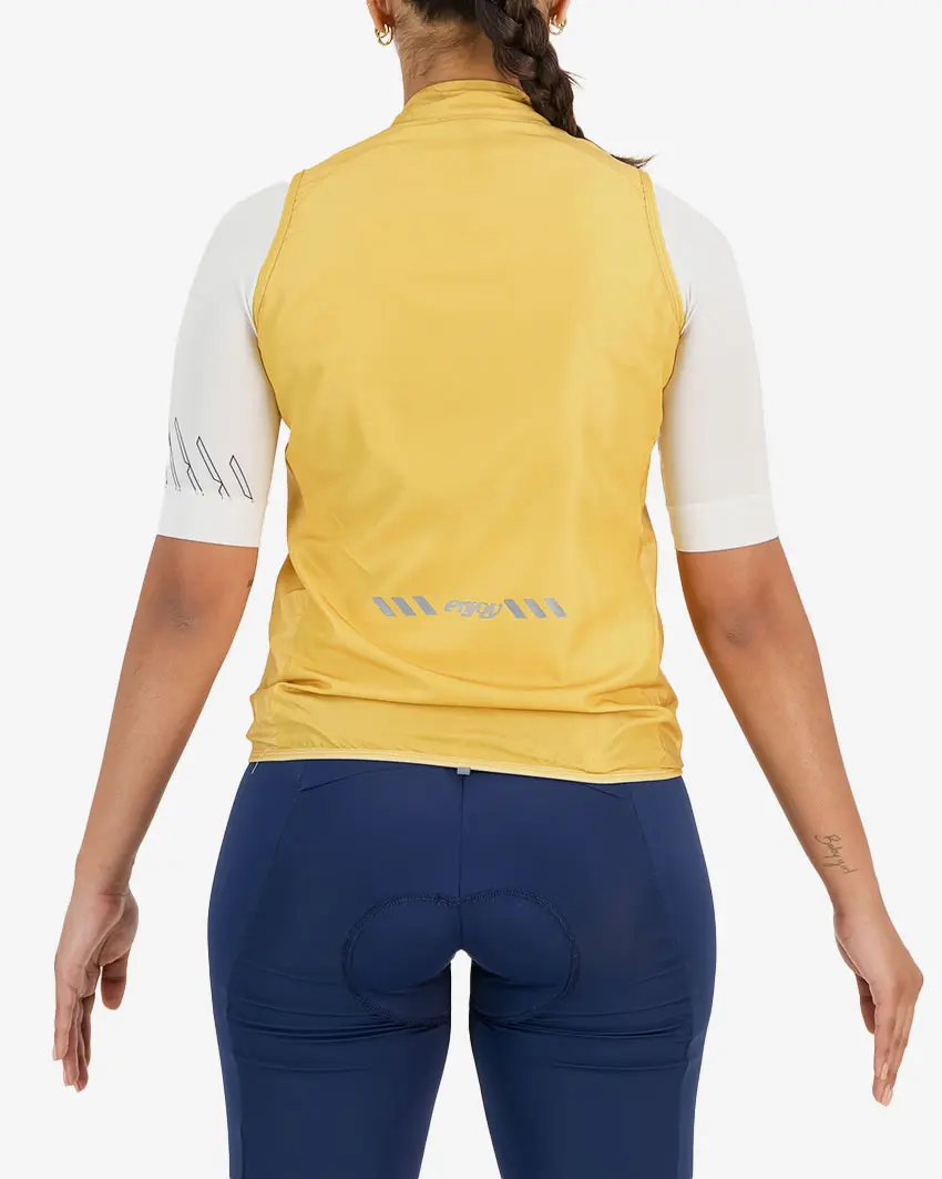Back view of the mens yellow water resistant atom gilet with reflective detail made by Enjoy.cc