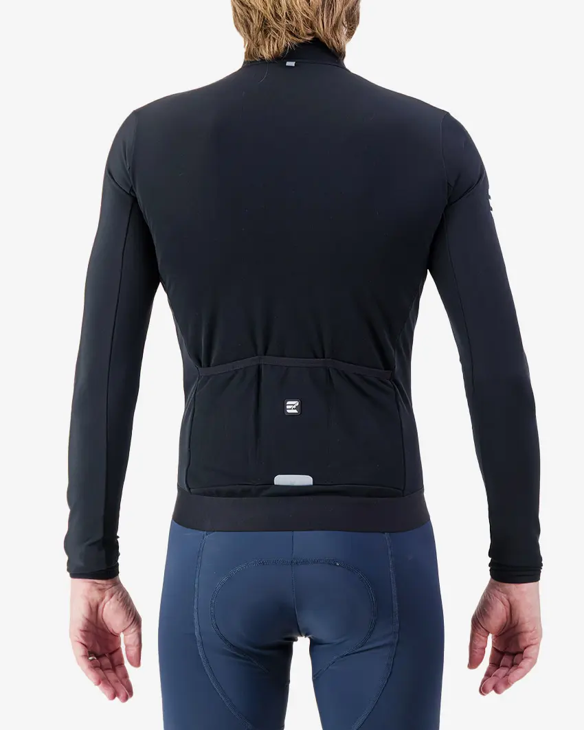 Back view of the Men's thermal race long sleeve jersey in mono Black colour way by Enjoy.cc