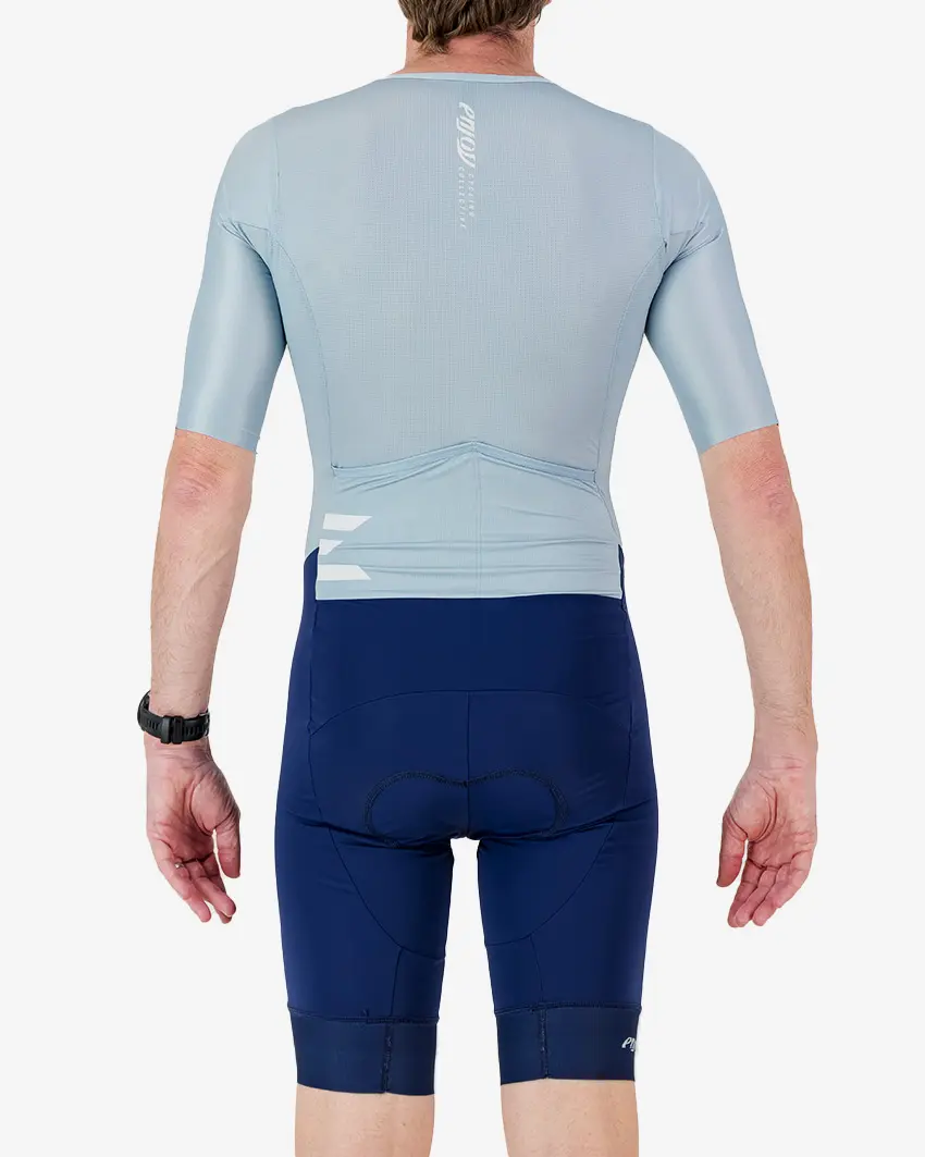 Back view of the men's sleeved triathlon suit in a fresh blue design made by enjoy.cc