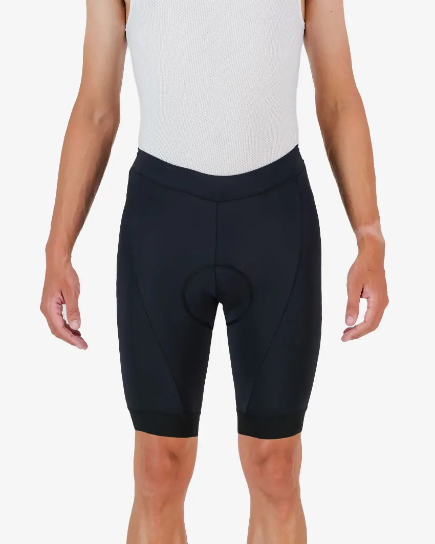 Front view of the Enjoy Dual men's cycle short in black with reflective detailing made by Enjoy.cc