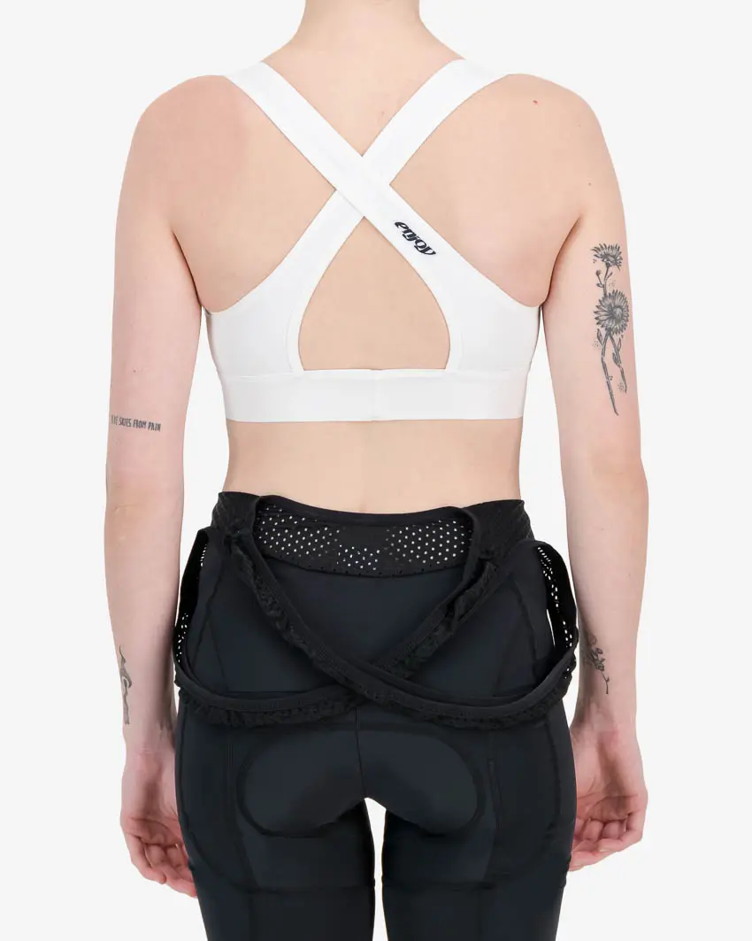Back view of the Enjoy womens sports bra in the white colour way available at Enjoy.cc