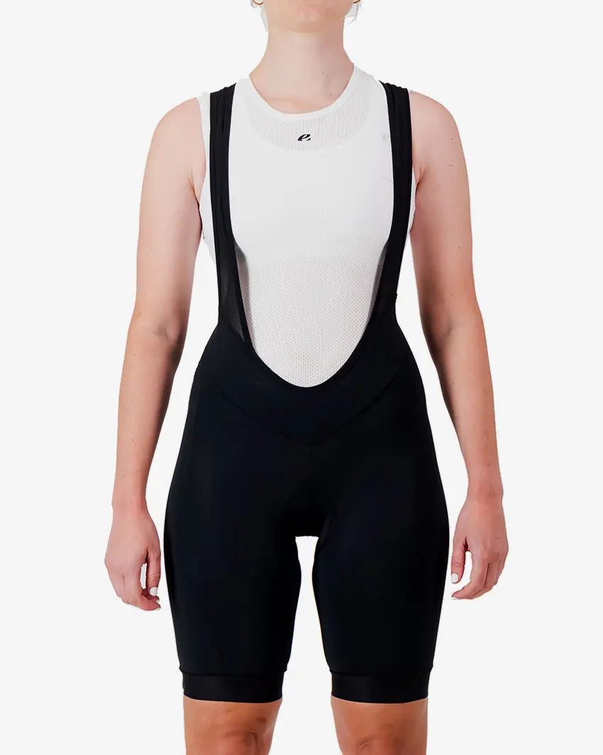 Front view of the Enjoy Octane women's bib short in black with reflective detail made by Enjoy.cc
