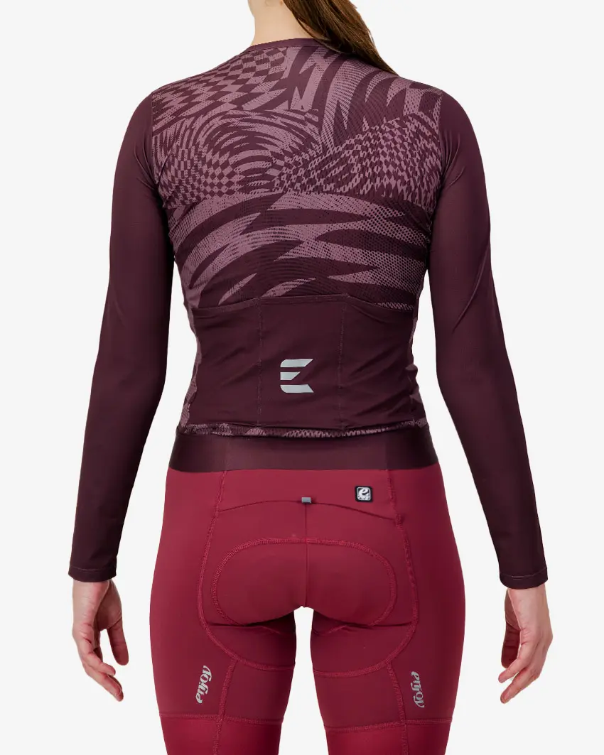 Back view of the Womens ProXision long sleeve cycling jersey in a pinotage warp design by Enjoy.cc