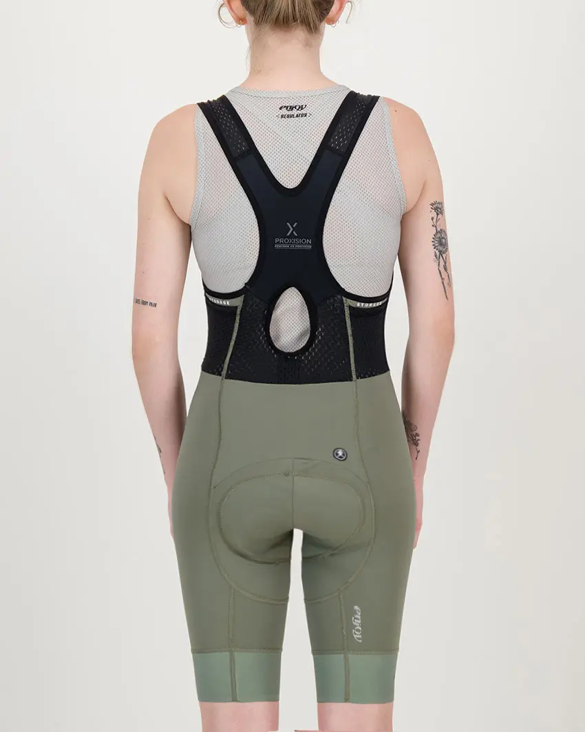 Back view of the Enjoy ProXision womens cargo bib short in the thyme colourway made by enjoy.cc