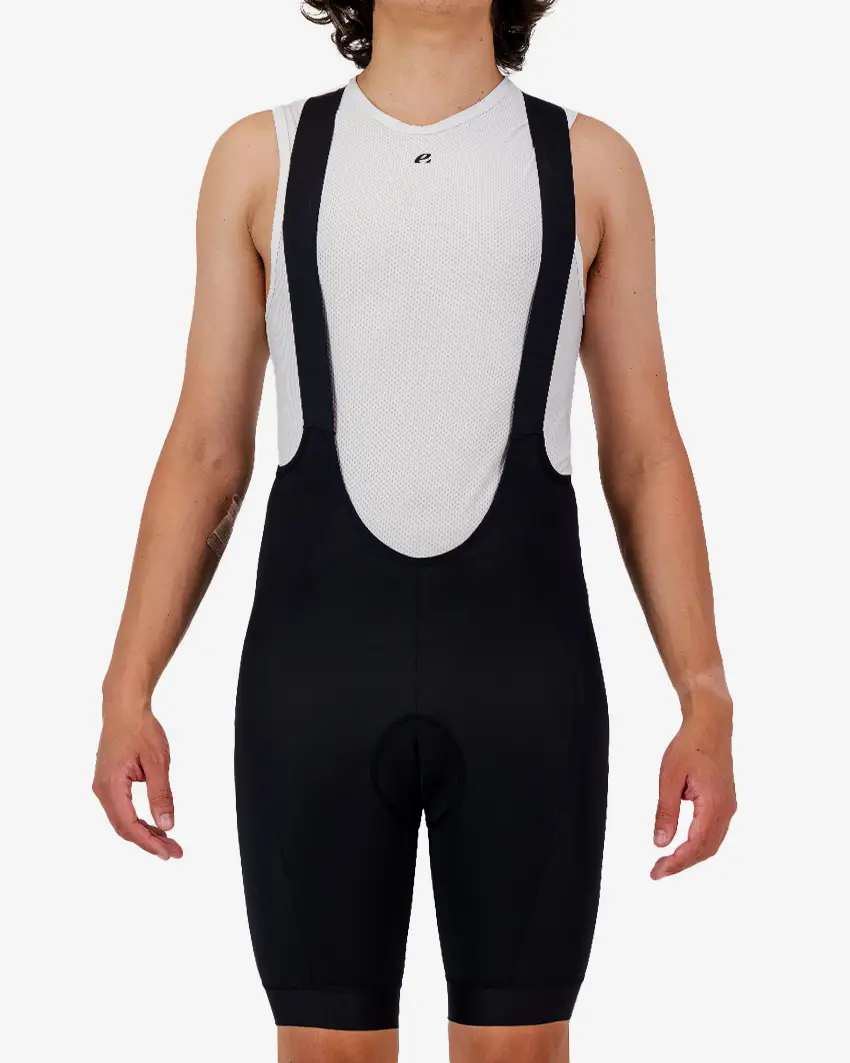 Front view of the Dual Men's bib shorts in black colour made by enjoy.cc