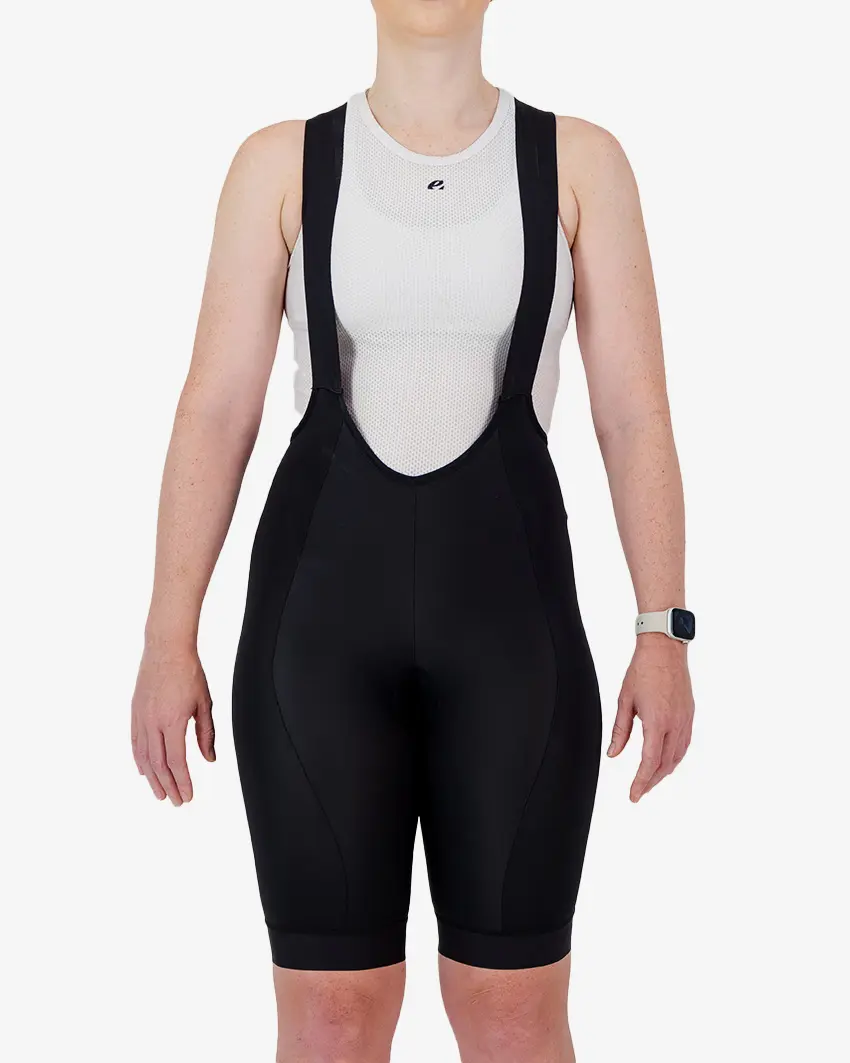 Front view of the Dual Women's bib shorts in black colour made by enjoy.cc