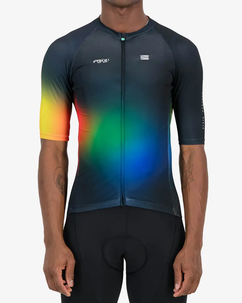 Front of the mens cycling jersey in the black State Capture Supremium design made by enjoy.cc