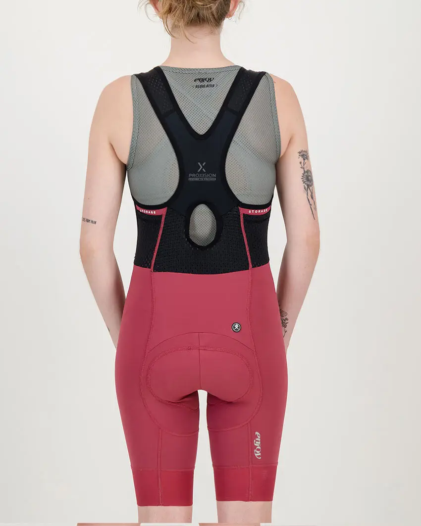 Back view of the Enjoy ProXision womens cargo bib short in the bossanova colourway made by enjoy.cc