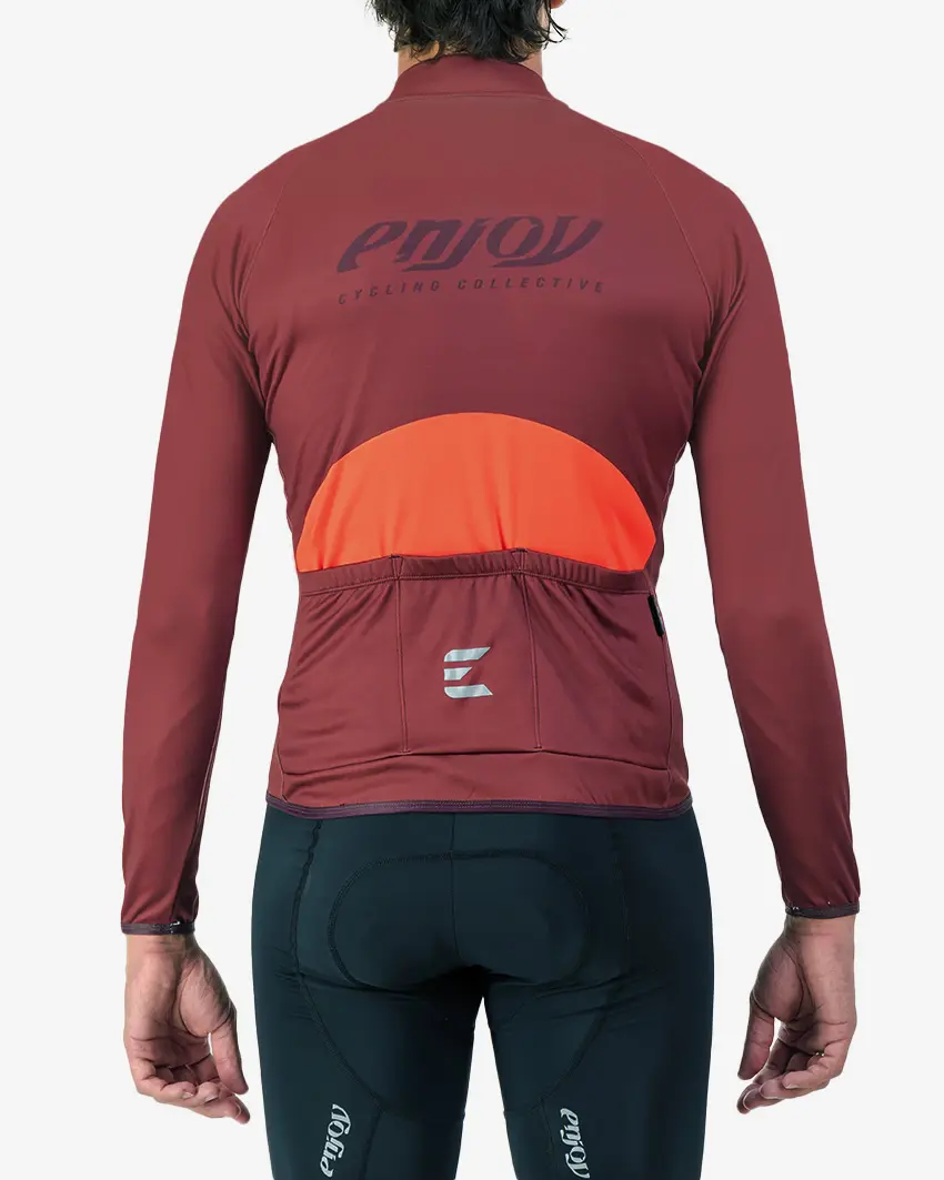 Back view of the Men's thermal training long sleeve jersey in a mahogany colour way by Enjoy.cc