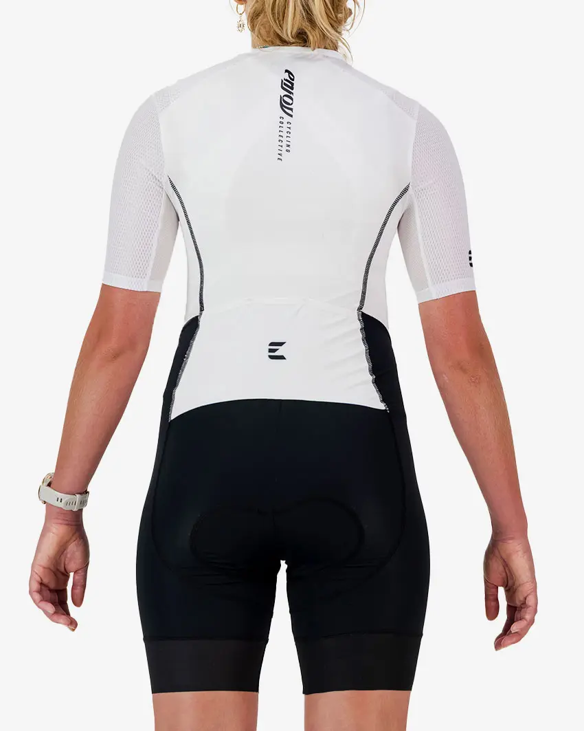 Back view of the women's sleeved triathlon suit in a black and white design made by enjoy.cc
