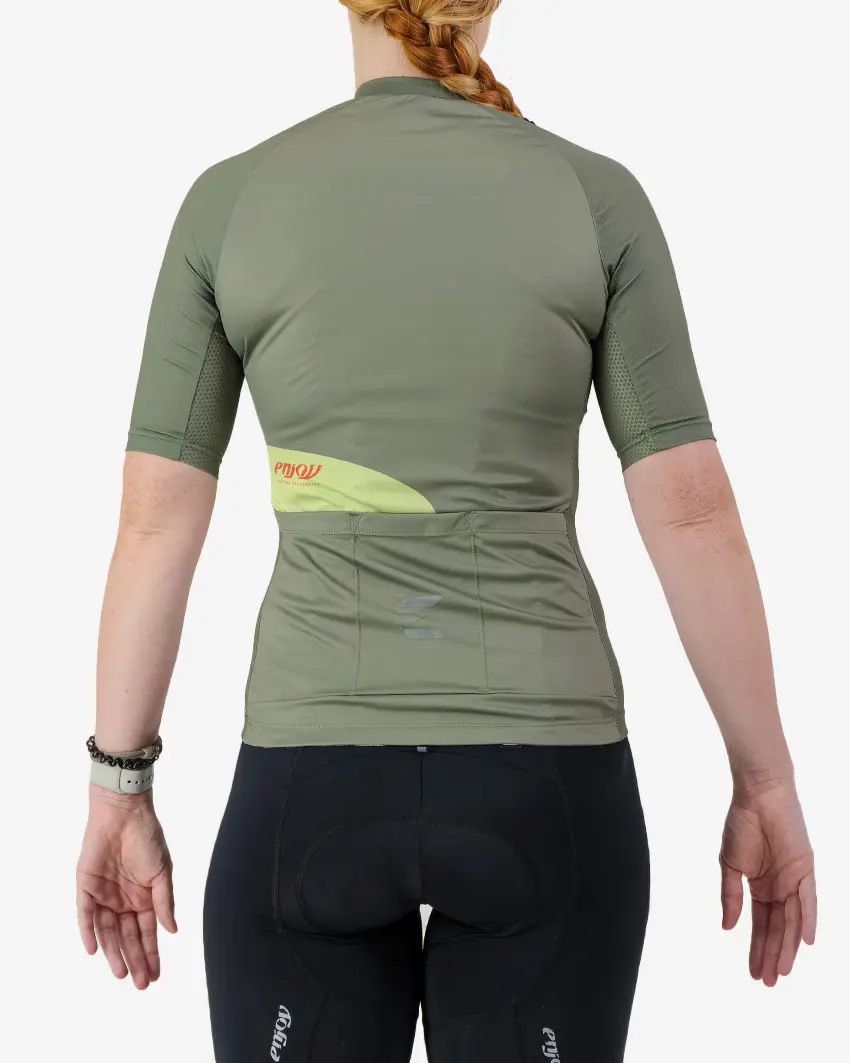 Back view of the Women's Supremium cycling jersey in a solid Olive colour way by Enjoy.cc