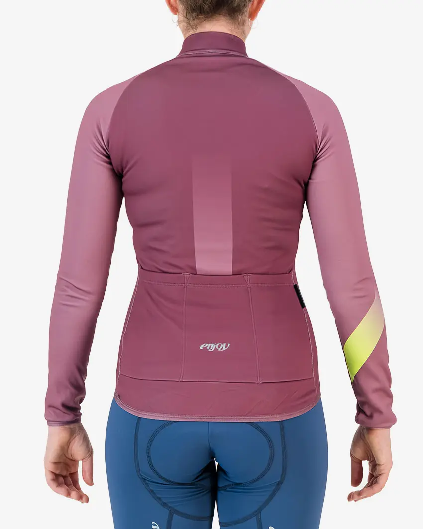Back view of the womens 2024 Tracker fleeced cocoon cycling jersey designed and made by Enjoy.cc