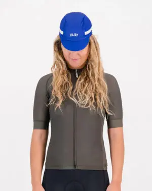 Front of the ladies cycling cap in the Semester blue DriFit design made by enjoy.cc