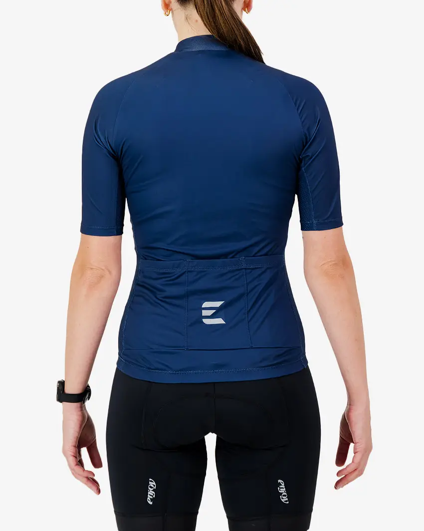Back view of the Supremium women's cycling jersey in a navy design made by enjoy.cc