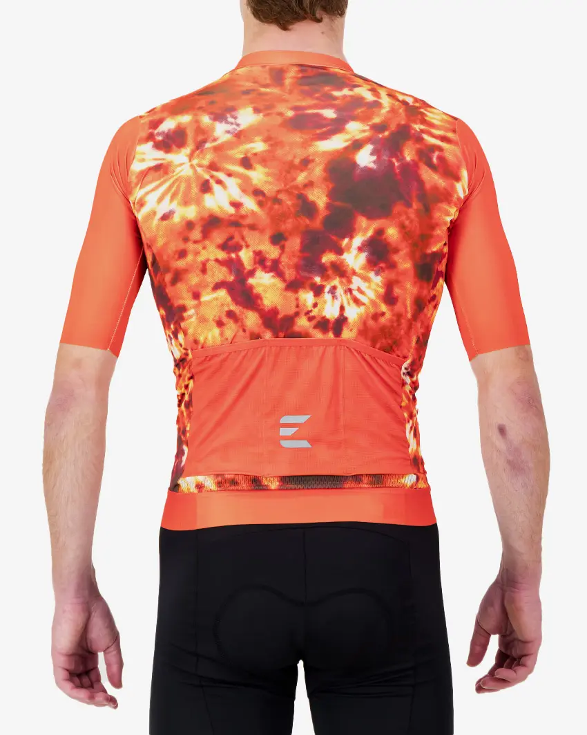 Back view of the ProXision men's cycling jersey in a flame tie-dye design made by enjoy.cc