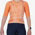 Front view of the ProXision women's zipless cycle jersey in peach colour Warp design by enjoy.cc