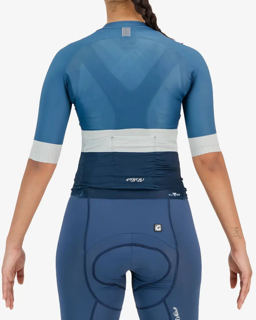 Back view of the womens climber cycle top in the marine block design made by Enjoy.cc