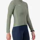 Side view of the Women's Supremium long sleeve cycling jersey in a solid Olive colour way by Enjoy.cc