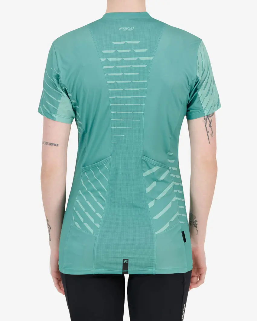 Back of the Enjoy womens trail tee in the Mint Chevron design. Made by enjoy.cc