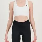 Front view of the womens sports bra in the white emotif design made by Enjoy.cc