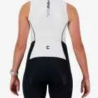 Back view of the women's sleeveless triathlon suit in a black and white design made by enjoy.cc