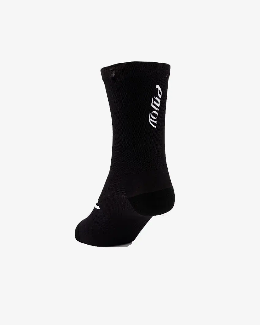Back view of unisex cycling socks in Black with white branding by Enjoy.cc