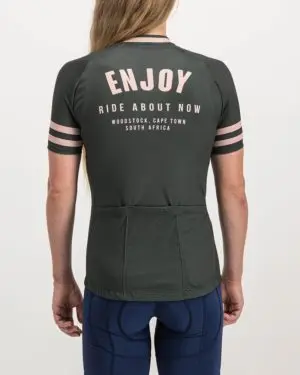 Ladies Semester peat coloured Supremium Cycle Top. Designed and manufactured by Enjoy cycling apparel.