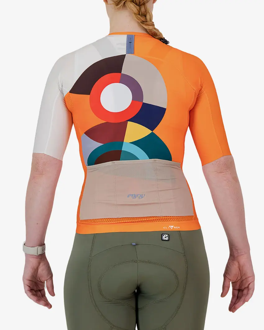 Back view of the Climber Women's cycle jersey in orange Jupiter design made by enjoy.cc