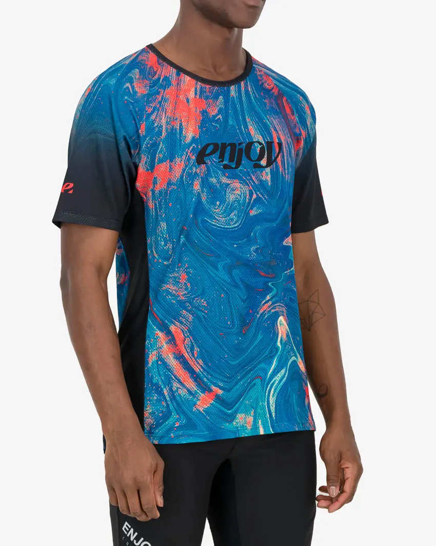 Three quarter of the mens mobilitee air trail tee in the Mercury Drop design made by enjoy.cc