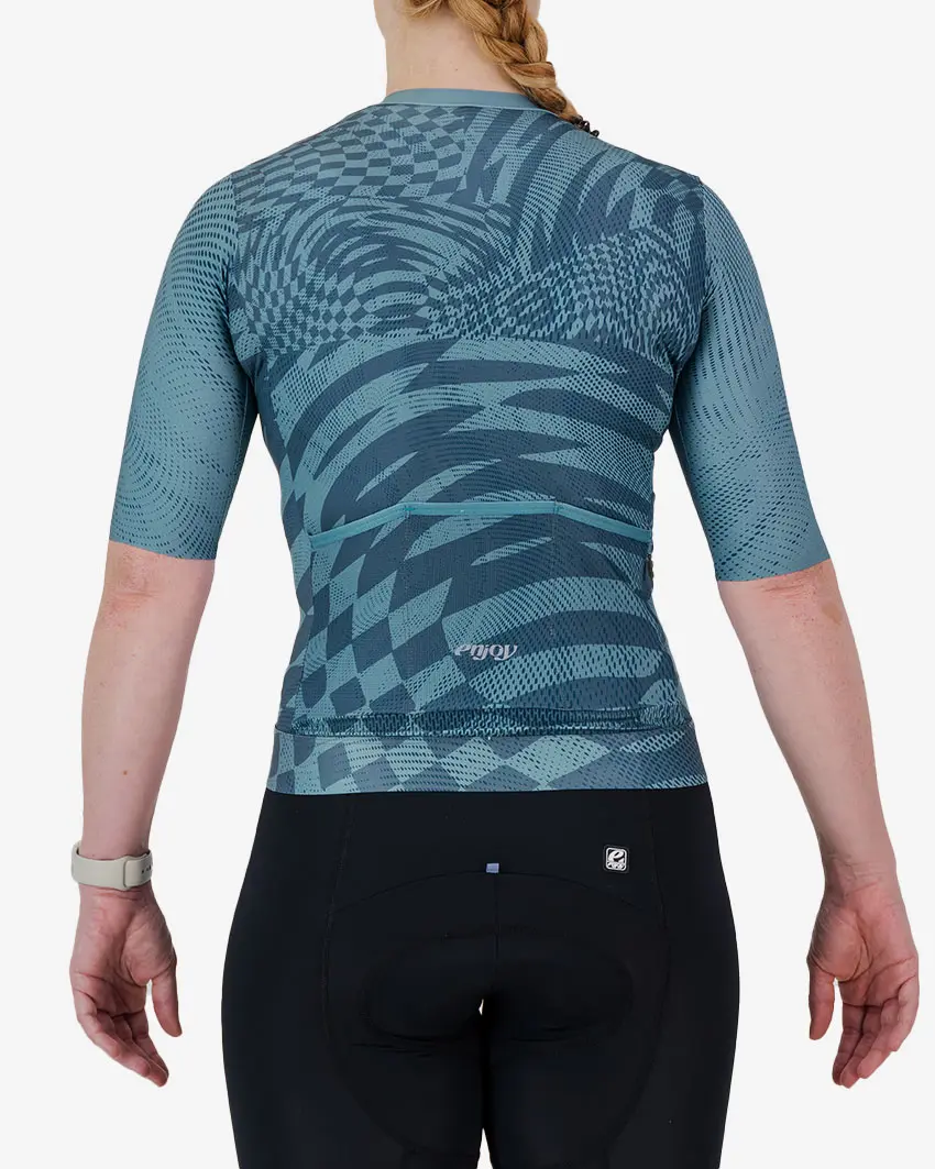 Back view of the ProXision Women's cycle jersey in aqua colour Warp design made by enjoy.cc