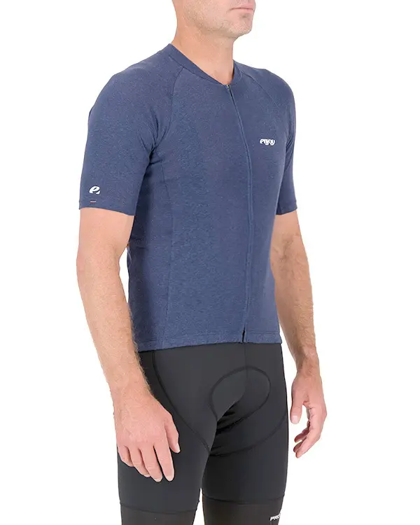 3qtr view of the navy Enjoy Hempie mens cycling shirt. Made from 100% Hemp available at Enjoy.cc