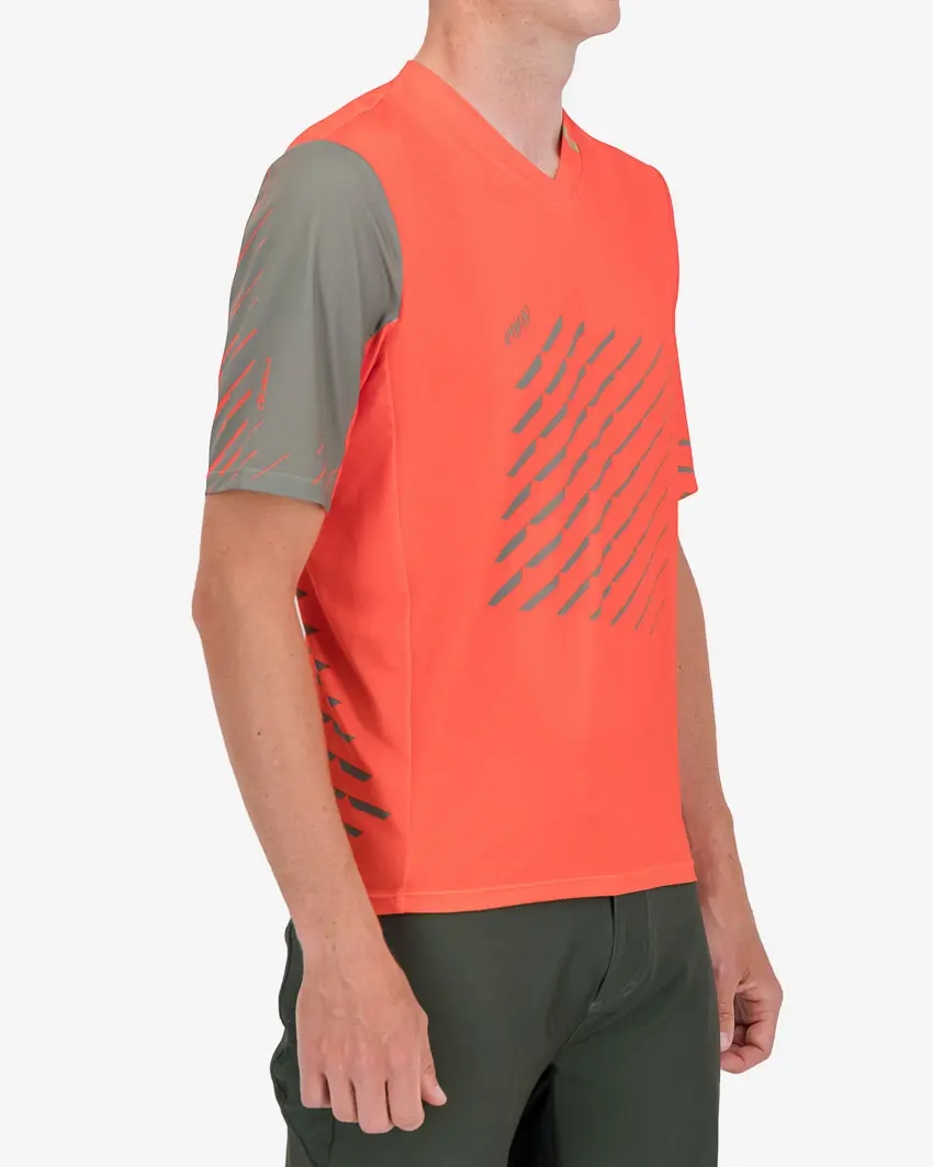 Three quarter of the Enjoy mens trail tee in the Blood orange Chevron design. Made by enjoy.cc
