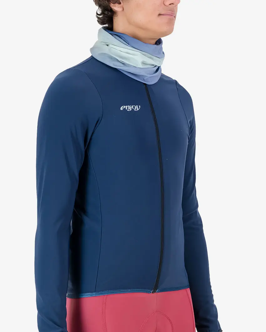 Mens side view of the Enjoy neckwarmer in the Deep Blue colourway made by Enjoy.cc