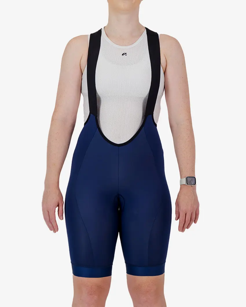 Front view of the Dual Women's bib shorts in navy colour made by enjoy.cc
