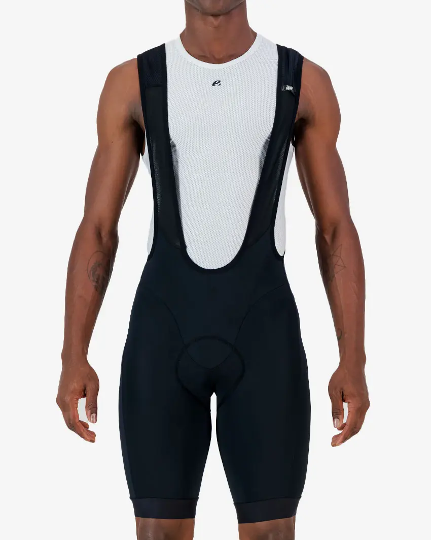 Front view of the Enjoy Octane men's bib short in black with reflective detail made by Enjoy.cc