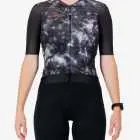 Front view of the ProXision women's cycling jersey in a greyscale tie-dye design made by enjoy.cc