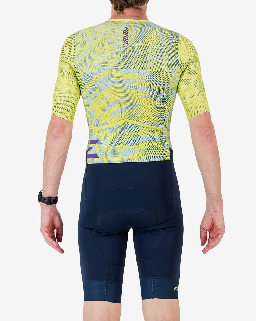 Back view of the men's sleeved triathlon suit in a bright lichen design made by enjoy.cc