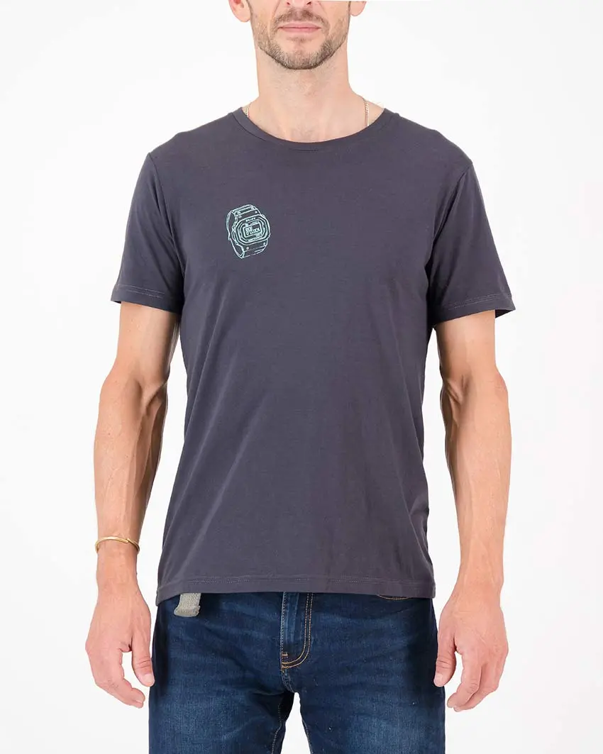 Front view of the Enjoy mens cotton t-shirt in the Ride O Clock design. Cycling inspired t-shirts designed by Enjoy.cc