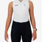 Front view of the women's sleeveless triathlon suit in a black and white design made by enjoy.cc
