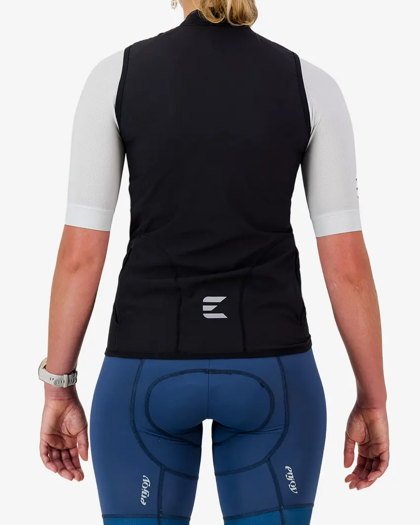 Back view of the women's winter cycling gilet in a black design made by enjoy.cc